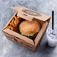 Preview: Hamburgerboxen aus Mikrowellpappe 2-geteilt bedruckt braun 21 x 16 x 10 cm 