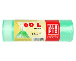 100x ALUFIX Müllsäcke mit Zugband 60L HDPE 64x70 cm 16my grün transparent