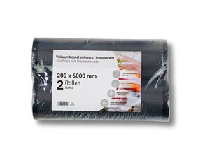 2x Vakuumbeutel auf der Rolle PA/PE 200 x 6000 mm goffriert schwarz/transparent 90 my 2 Rollen