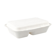 Preview: 25x Menüboxen 2-geteilt aus Bagasse, naturweiß, 25x16cm, 25Stk.