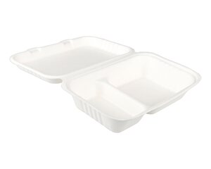 Preview: 25x Menüboxen 2-geteilt aus Bagasse, naturweiß, 25x16cm, 25Stk.