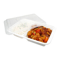 Preview: 100x Mehrweg Menüboxen wiederverwendbar PP mit Deckel 2-geteilt weiß 22x15x6cm