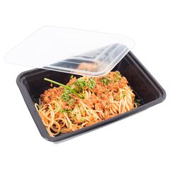 Preview: 50x Mehrweg Menüboxen wiederverwendbar PP mit Deckel ungeteilt schwarz 22x15x6.5cm