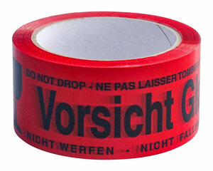 (EUR 0,02/m-EUR 0,04/m) Klebeband Warnband 50mmx66m rot Aufdruck VORSICHT GLAS