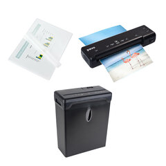 1x PAVO Büro-Set Laminiergerät A4 Schwarz inkl. 30 Folien + Crosscut Aktenvernichter