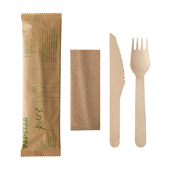 Holzbesteck Set Messer Gabel Serviette einzeln verpackt in Papierbeutel Catering Imbiss