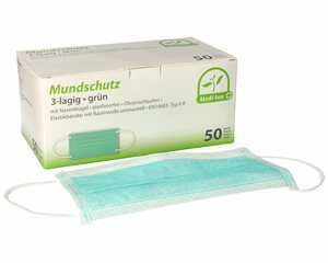 100x Mundschutz Typ IIR 3-lagig 9 cm x 17,5 cm Nasenbügel Elastikbändern grün