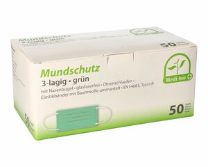 Preview: 100x Mundschutz Typ IIR 3-lagig 9 cm x 17,5 cm Nasenbügel Elastikbändern grün