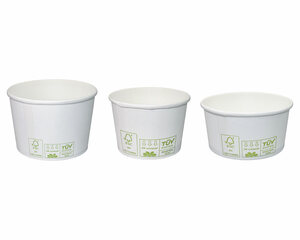Preview: 50x Bio Eisbecher Pappbecher 100% ohne Kunststoff 100ml Ø70 Höhe 45mm weiß