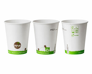 Preview: 75x Bio Heissgetränkebecher Pappbecher PAPUR 80mm Ø mit Eichstrich 200 ml