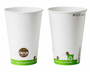 75x Bio Heissgetränkebecher Pappbecher PAPUR 80mm Ø mit Eichstrich 300 ml