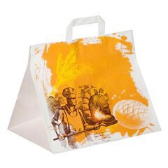 Papiertragetaschen aus Kraftpapier Motiv Steinofen mit Flachhenkeln 320+220x270mm 80g weiß 