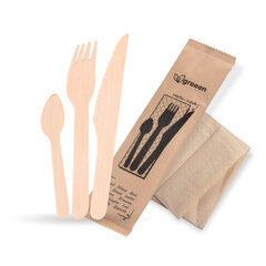 1000x Bestecksets aus Holz biologisch abbaubar 4-teilig Gabel Messer Kaffeelöffel Serviette hygienisch verpackt 50 Sets