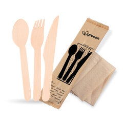 1000x Bestecksets aus Holz biologisch abbaubar 4-teilig Gabel Messer Löffel Serviette hygienisch verpackt 50 Sets