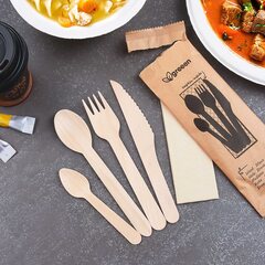Preview: 1000x Bestecksets aus Holz biologisch abbaubar 3-teilig Gabel Löffel Serviette hygienisch verpackt 50 Sets