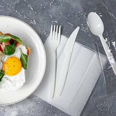 Preview: 2500x Bestecksets aus PP wiederverwendbar 3-teilig Gabel Messer Serviette hygienisch verpackt 250 Sets