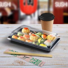 Preview: 4000x Sushi Schalen schwarz Set mit Deckel transparent PET 194 x 134 x 43 mm
