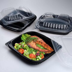 Preview: 100x Mehrweg Menüschalen 3-geteilt 240 x 210 x 40 mm Mikrowellengeeignet schwarz 1000ml