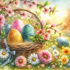 1000x Osterservietten 3-lagig 33 x 33cm Ostereier im Korb mit Frühlingsblumen